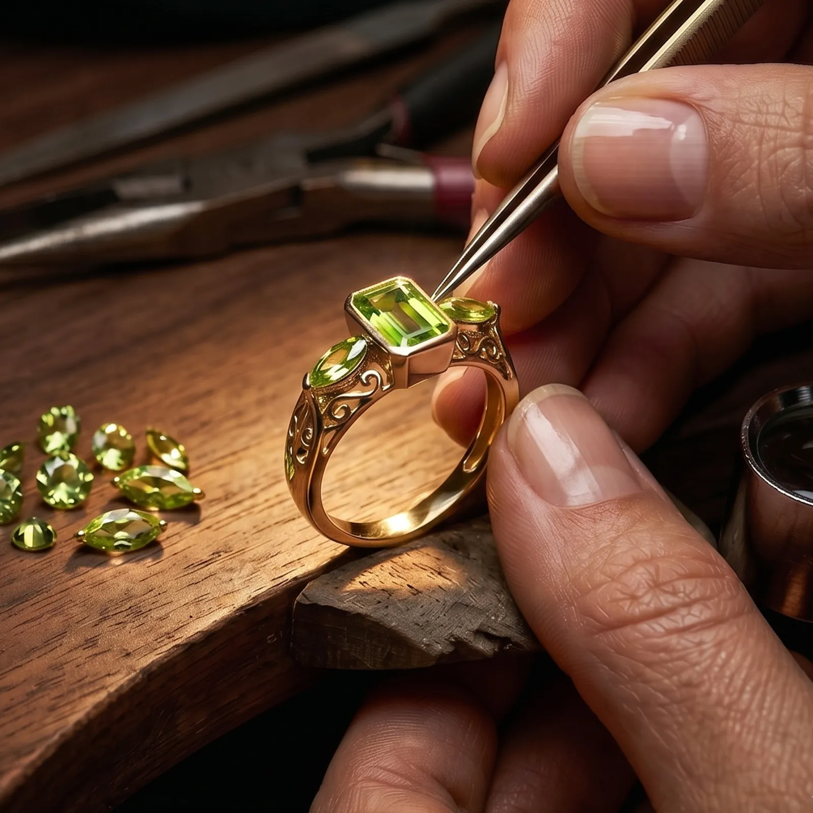 Jeweler setting a green gemstone in a gold ring with tools on a wooden table.