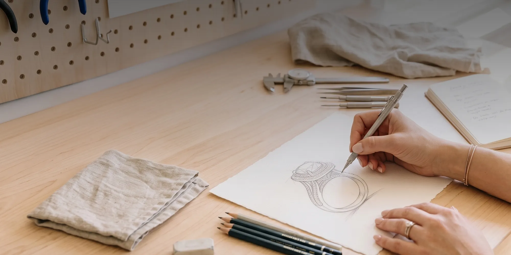 A person sketches a detailed ring design on paper at a jewelry workbench.