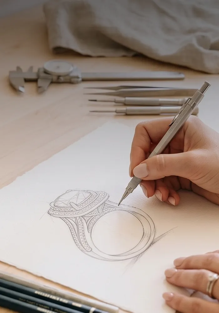A person sketches a detailed ring design on paper at a jewelry workbench.