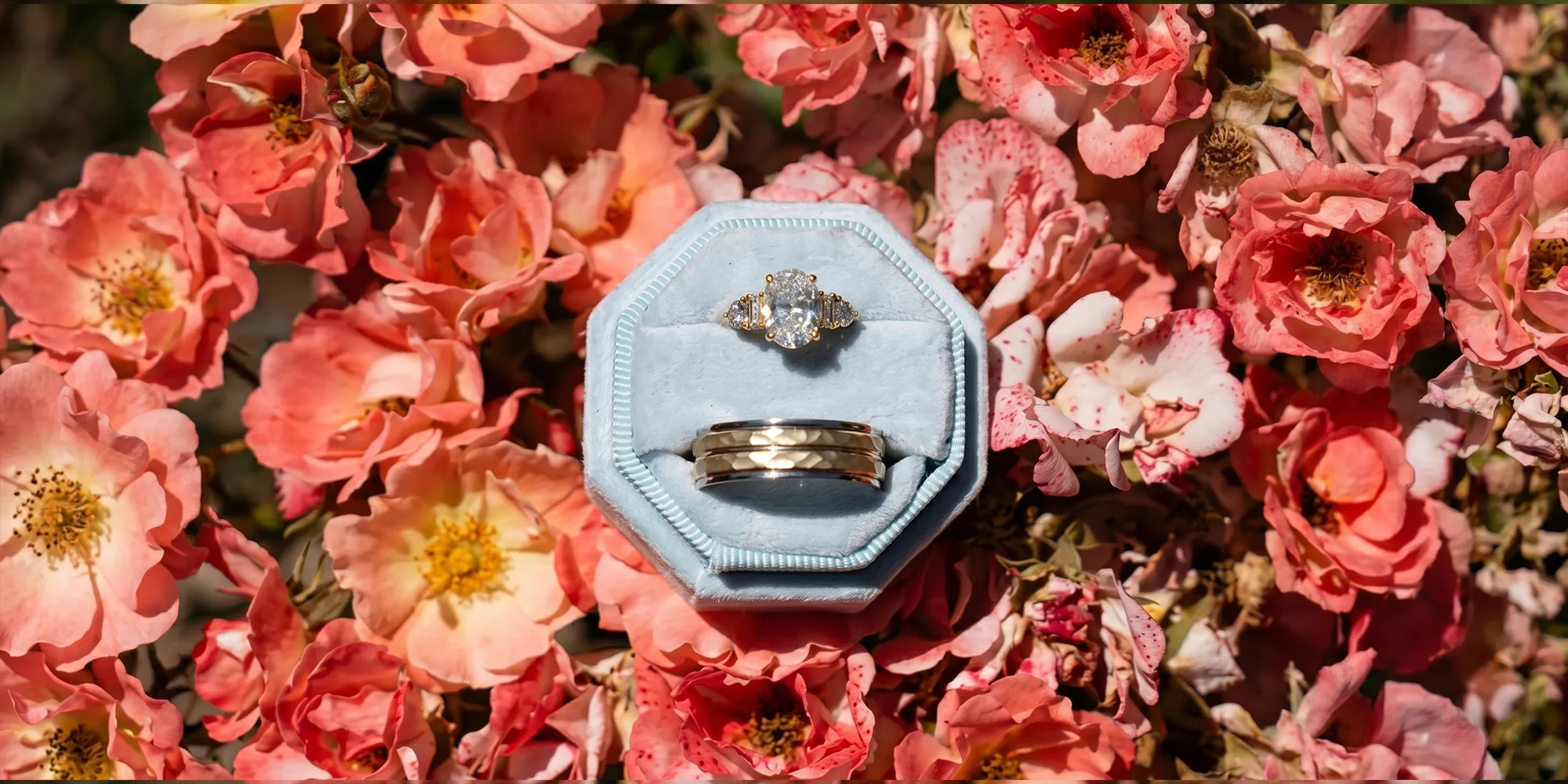 Engagement and wedding rings in a blue box surrounded by pink flowers.