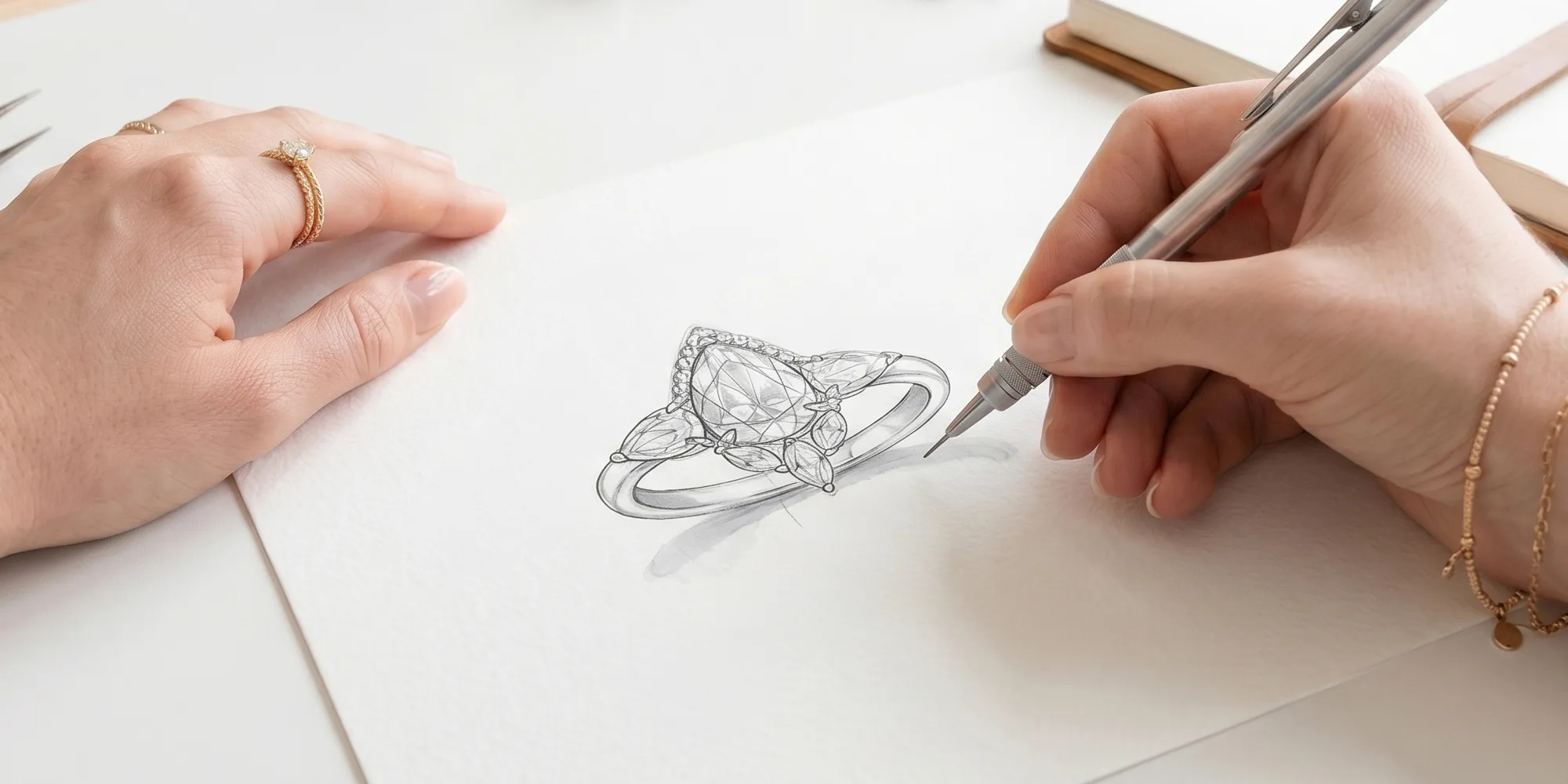 A person sketches a detailed ring design on paper, showcasing jewelry artistry.