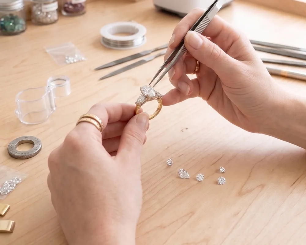 Jeweler setting a diamond on a gold ring with tweezers at a workbench.