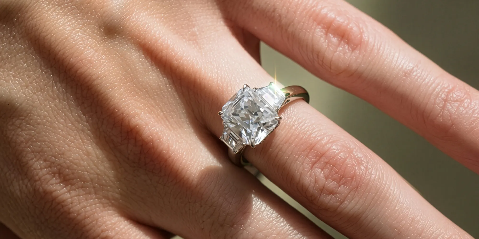 A hand wearing a large square-cut diamond ring in sunlight.