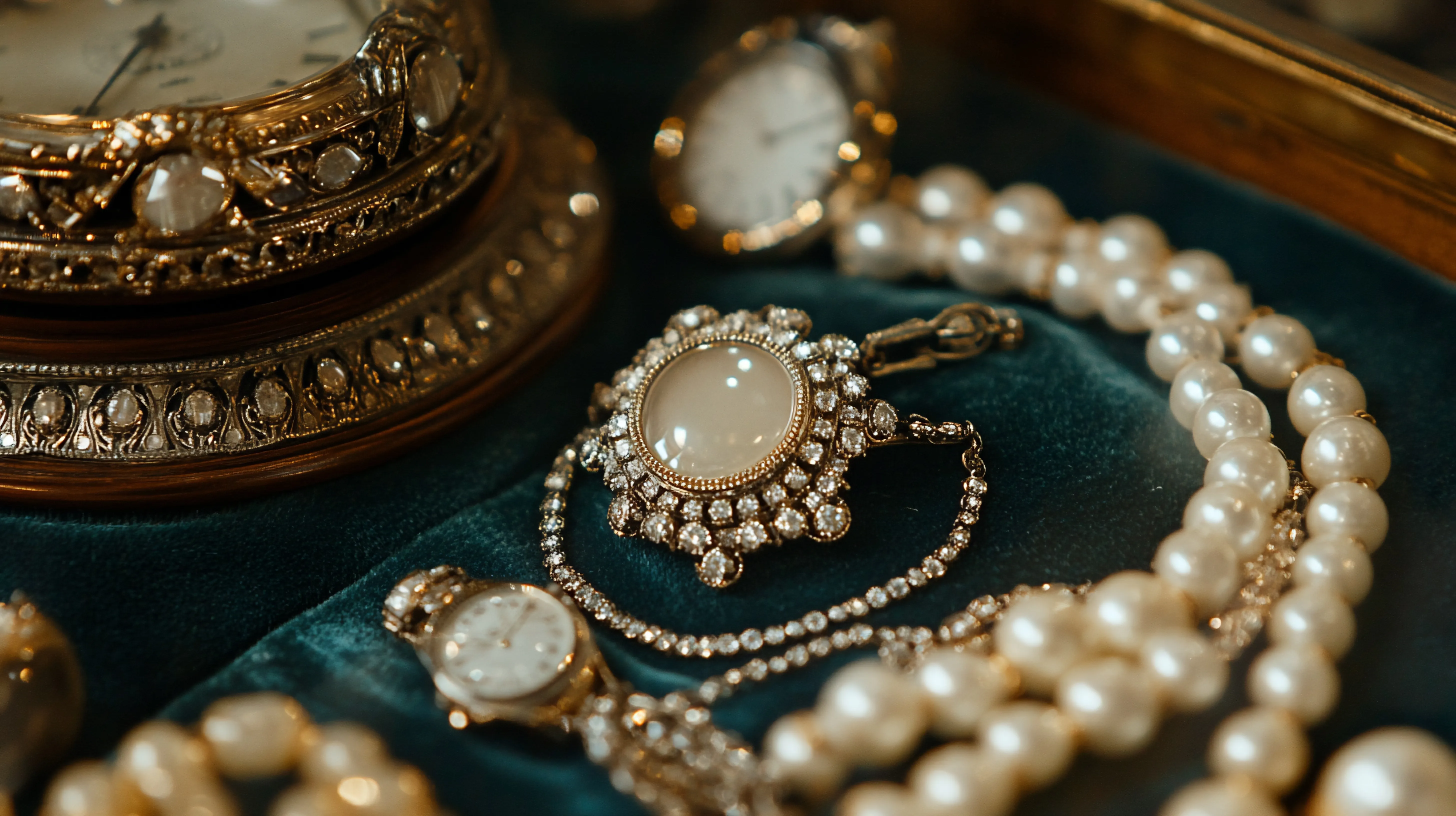 Elegant vintage jewelry including pearl necklaces, a brooch, and pocket watches displayed on a green velvet background.