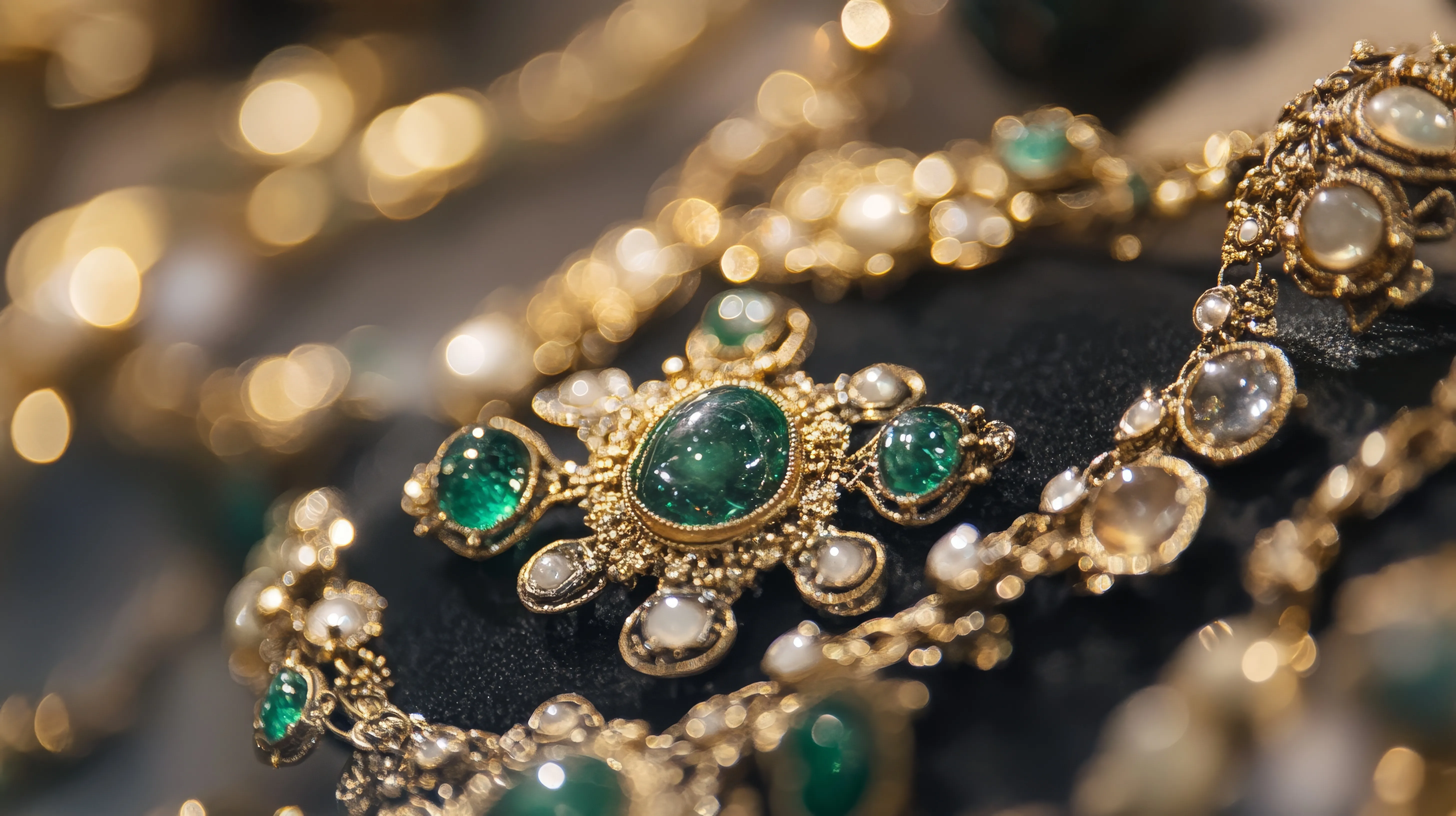 Elegant gold jewelry featuring green gemstones and pearls, displayed beautifully at Monarch Jewelry in Winter Park.