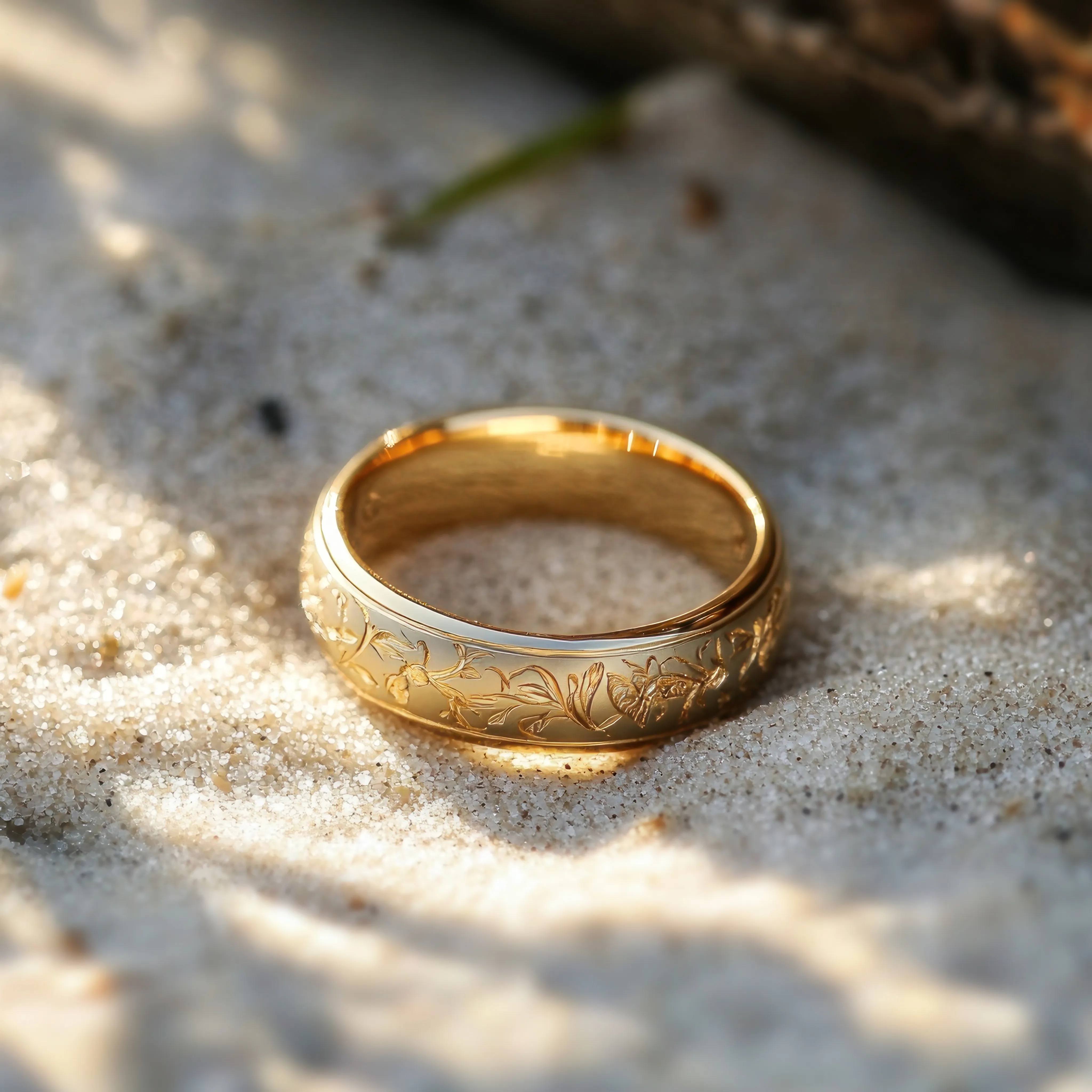 A gold engraved ring resting on sandy beach, symbolizing elegance and love. Visit Monarch Jewelry in Winter Park.