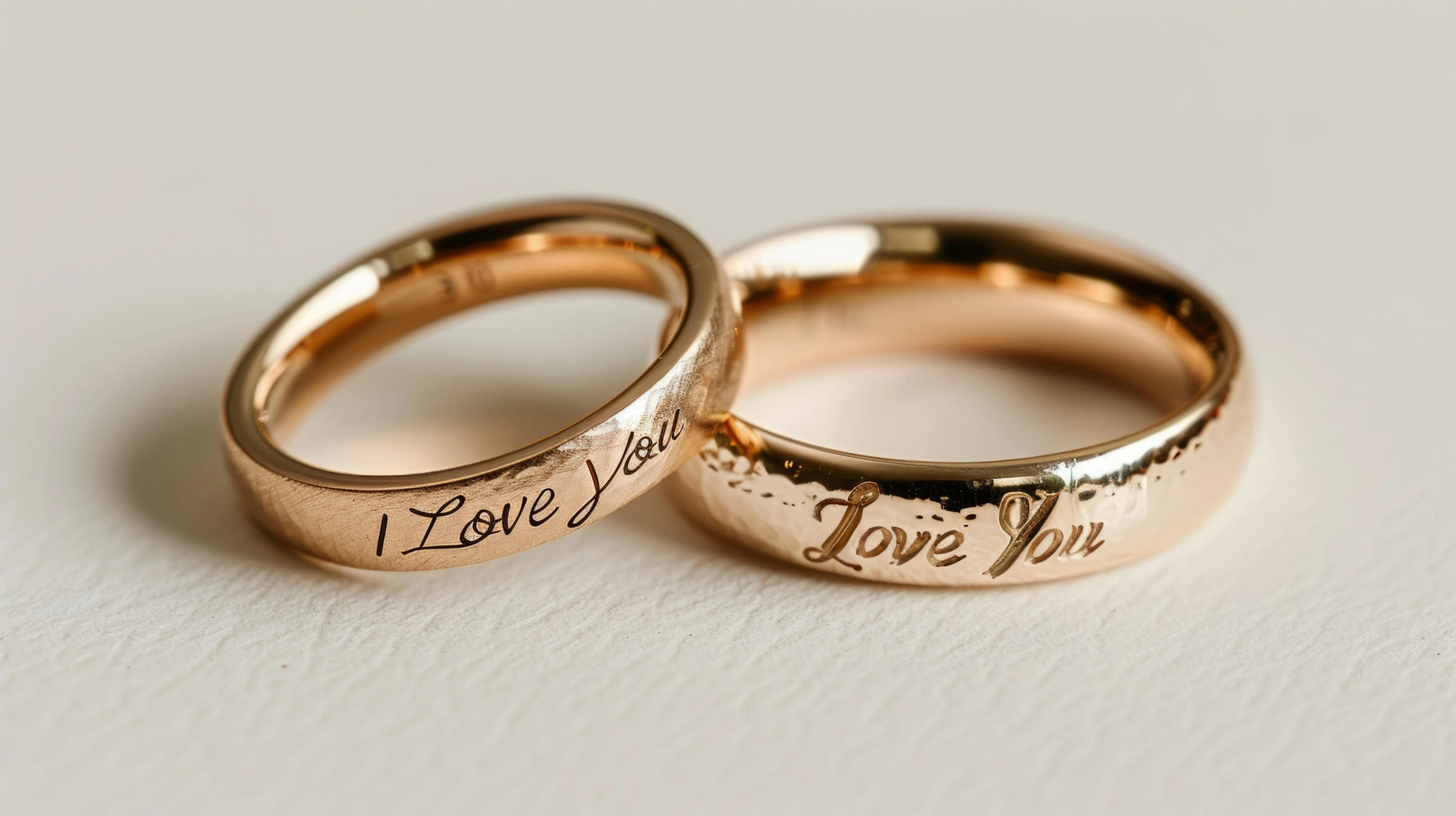 Two rose gold rings engraved with 