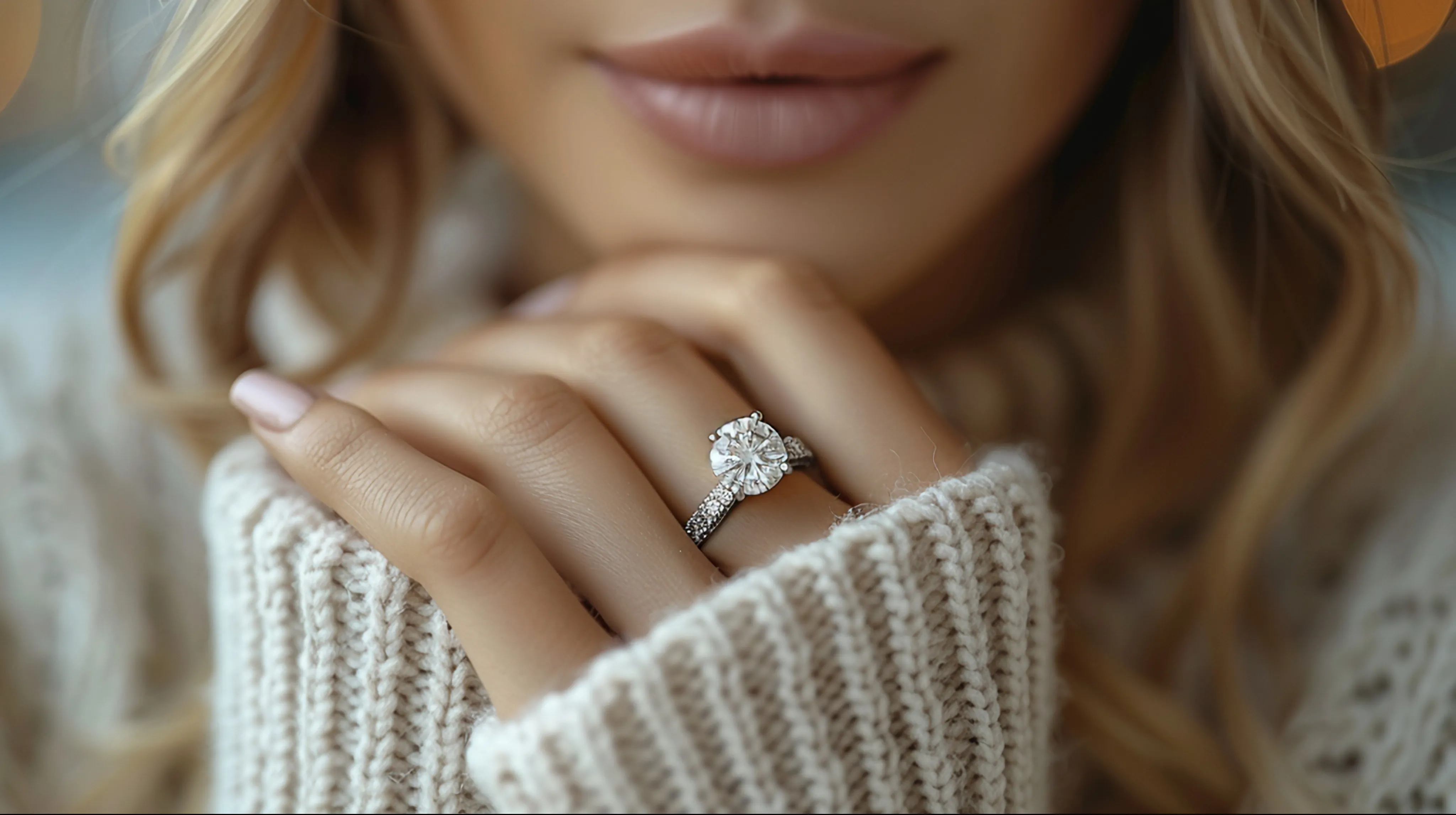 Close-up of a woman's hand wearing a sparkling engagement ring, with soft focus on her lips and cozy sweater.