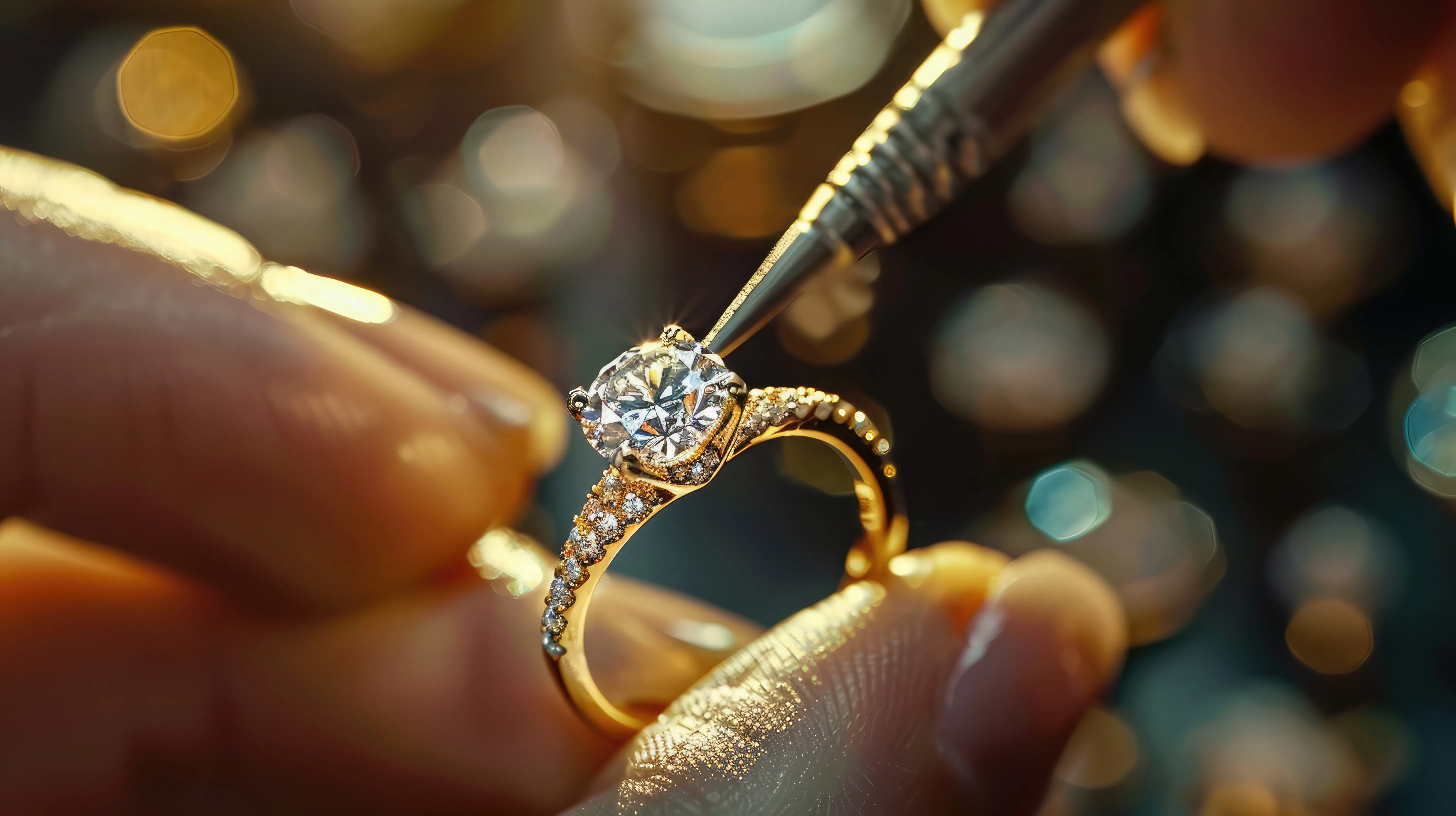Close-up of a hand holding a diamond engagement ring, with a jeweler's tool adjusting the stone. Click to see our jewelry repair