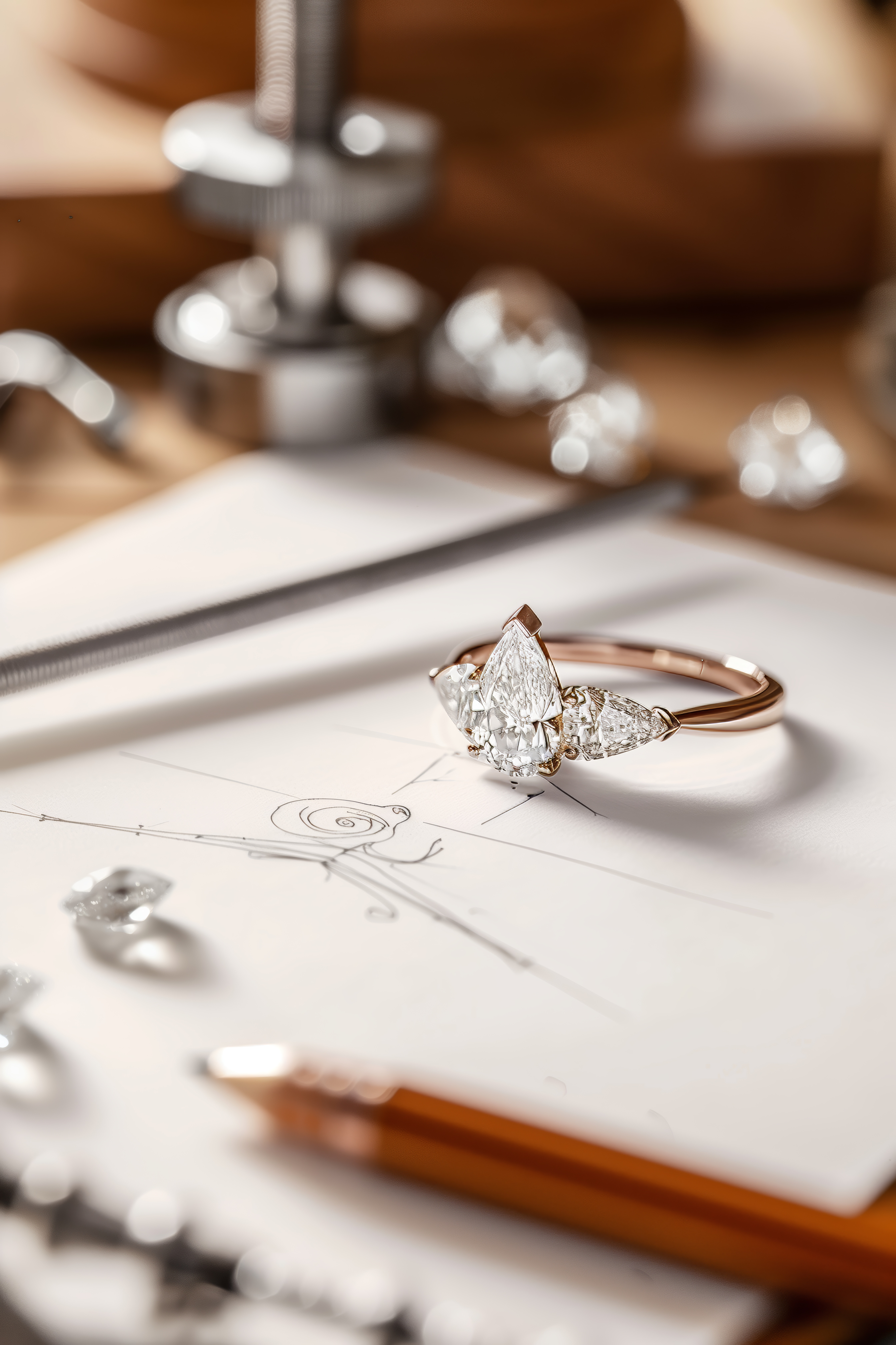 Custom-designed engagement ring on a sketch pad, surrounded by jewelry-making tools. Click to start a project at Monarch Jewelry