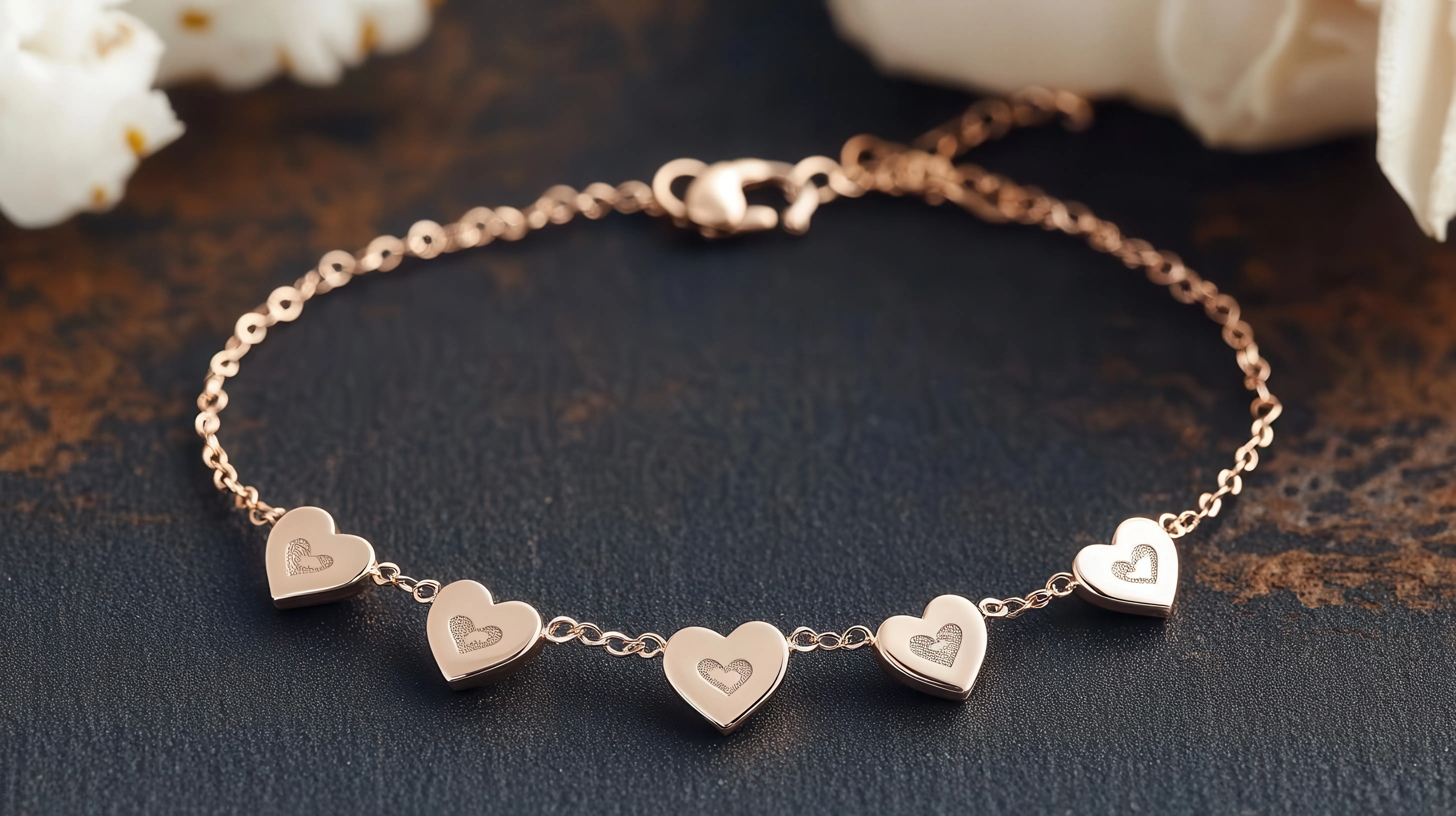 Rose gold heart bracelet on a dark surface, perfect for gifting. Visit Monarch Jewelry in Winter Park for more.