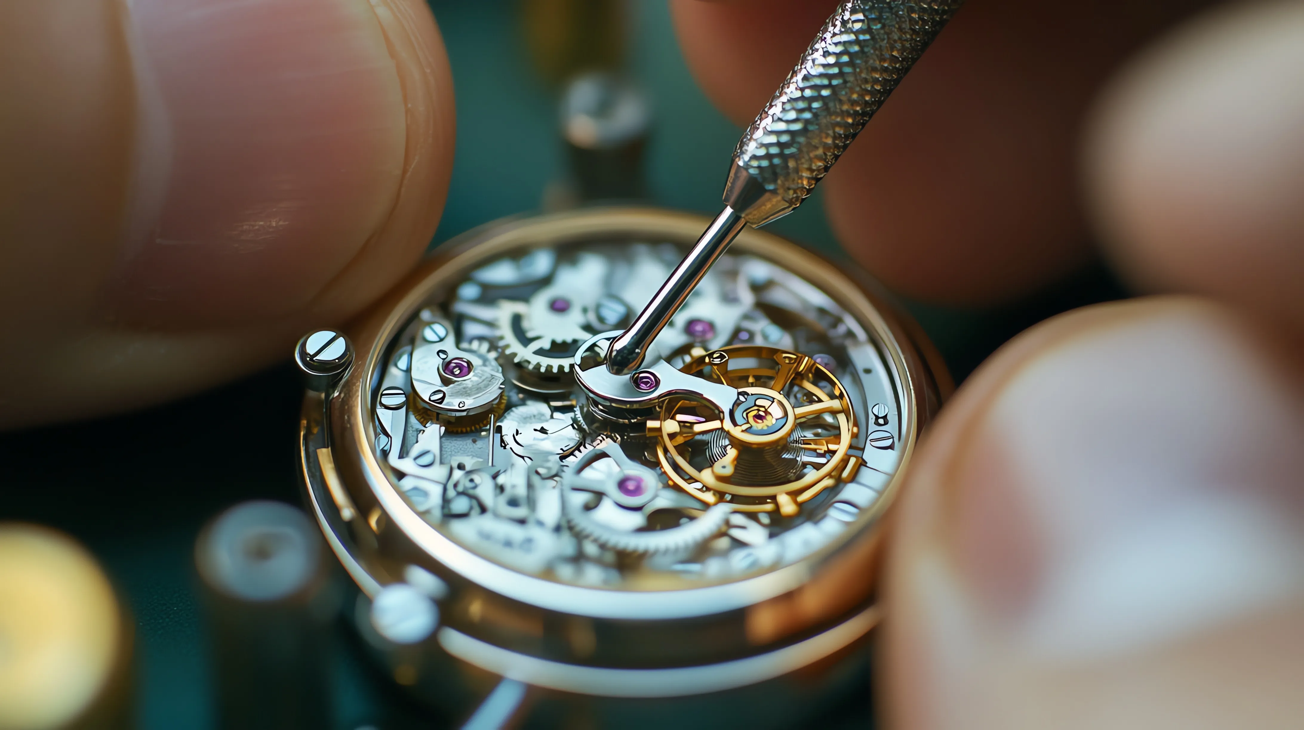 Close-up of a watchmaker adjusting intricate watch gears with a tool, showcasing fine craftsmanship.