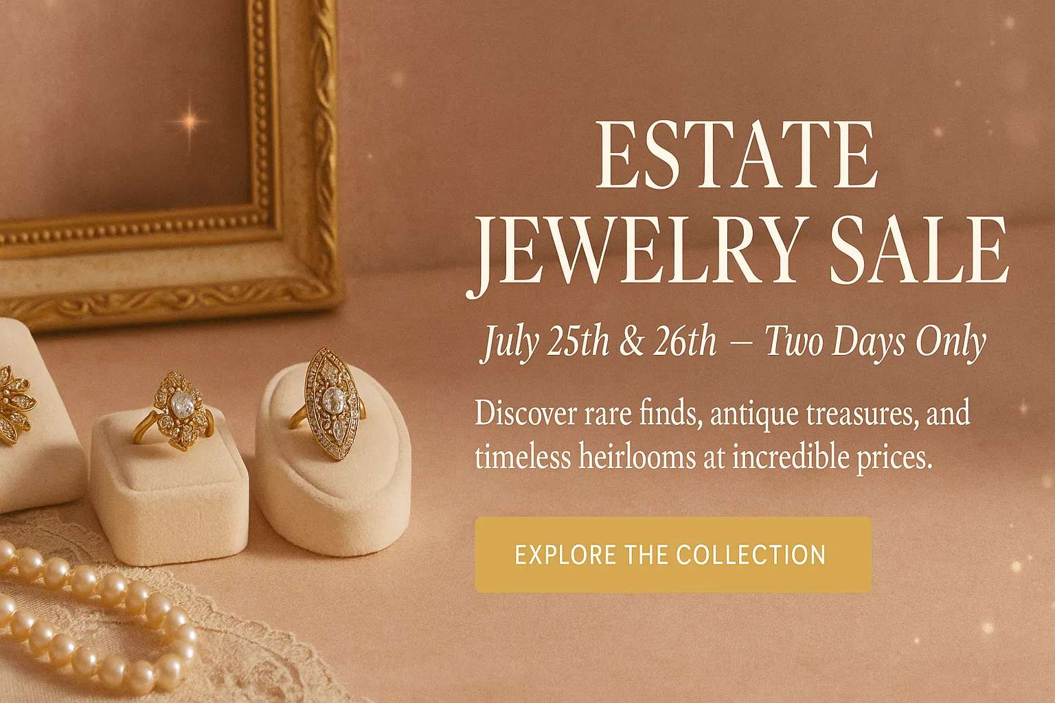 Estate jewelry sale banner featuring rings and pearls, inviting to explore the collection at Monarch Jewelry. Click to explore!