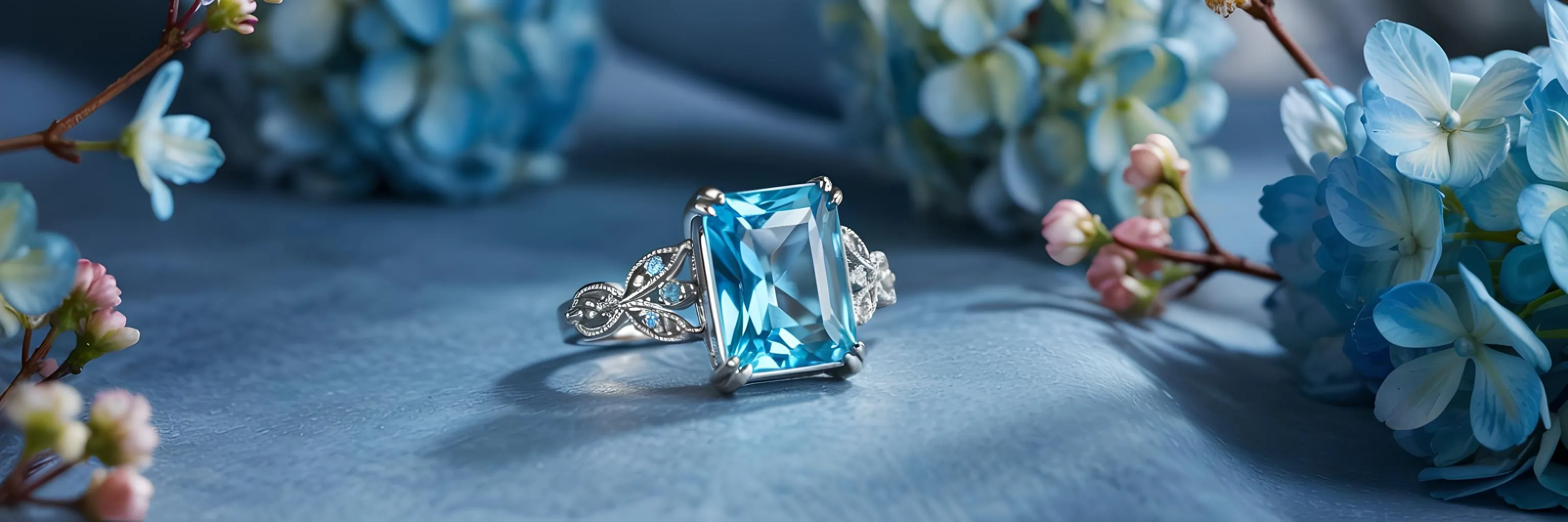 Elegant silver ring with a large blue gemstone, surrounded by delicate flowers. Click to shop colored gemstone jewelry.