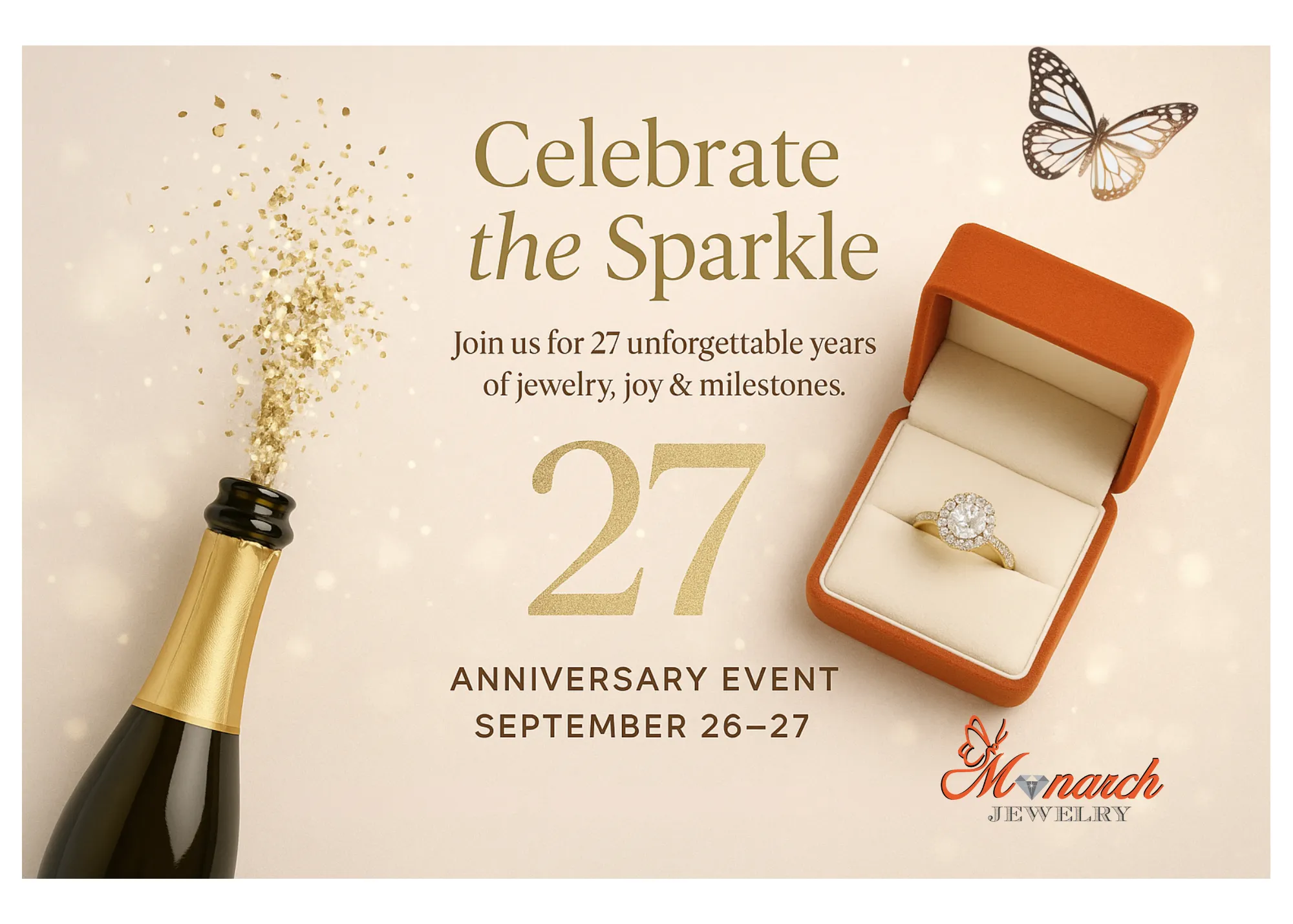 Estate jewelry sale banner featuring rings and pearls, inviting to explore the collection at Monarch Jewelry. Click to explore!