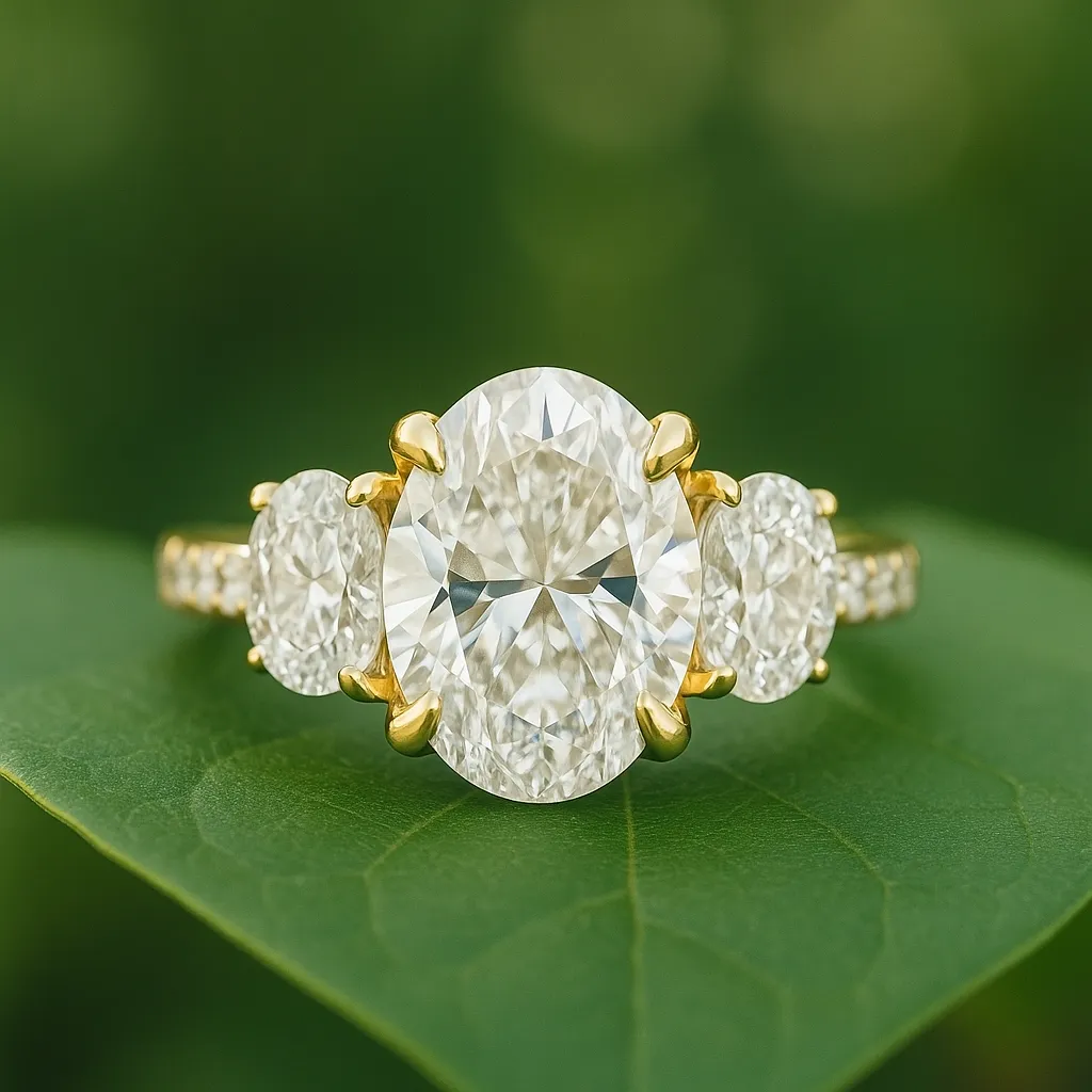 A stunning oval diamond engagement ring with side stones, set in yellow gold. Visit Monarch Jewelry in Winter Park.
