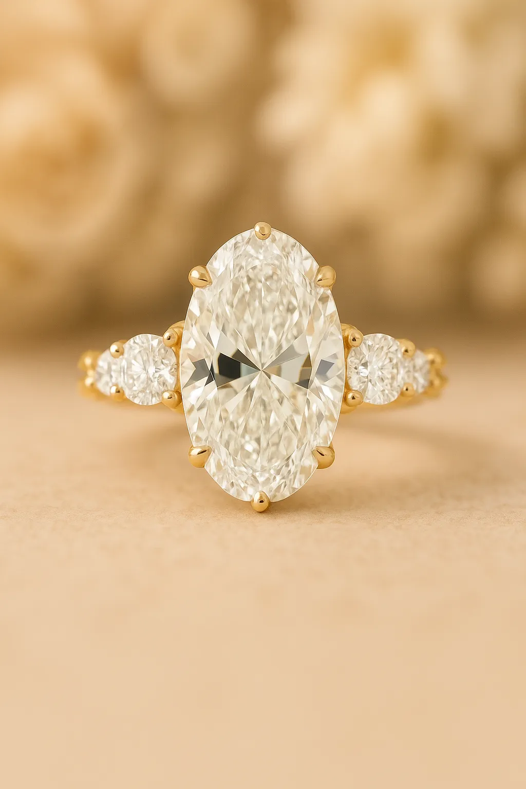 Elegant three-stone engagement ring with oval diamonds set in yellow gold. Visit Monarch Jewelry in Winter Park.
