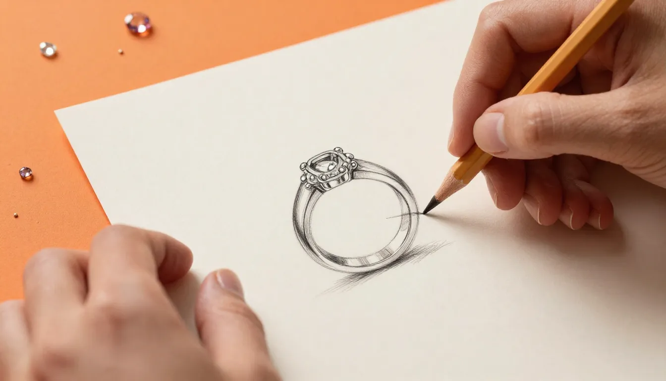 Hands sketching ring designs on paper with jewelry pieces nearby, showcasing creativity in jewelry design at Monarch Jewelry.