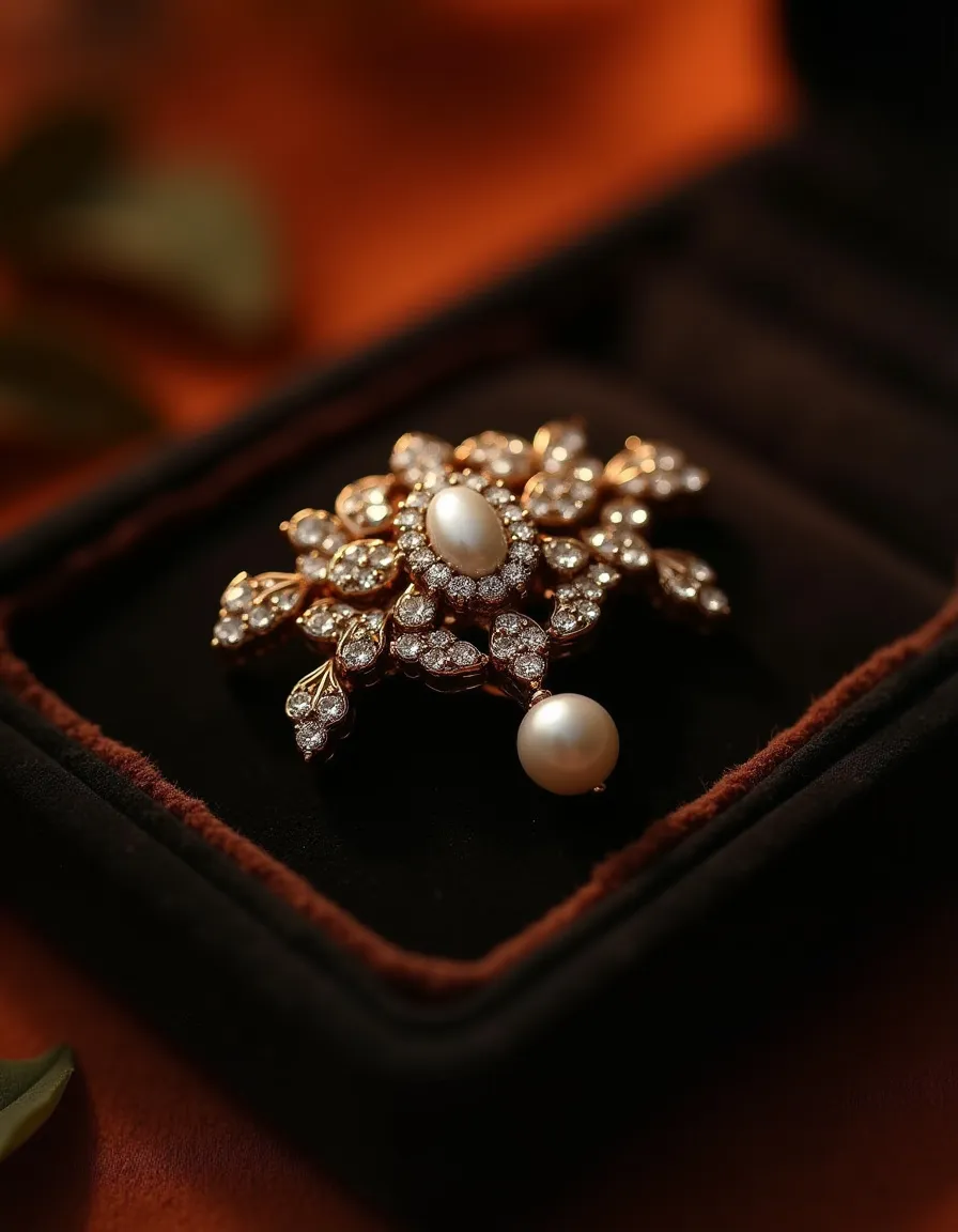 Elegant pearl and diamond brooch displayed in a black velvet box. Visit Monarch Jewelry in Winter Park for fine jewelry.