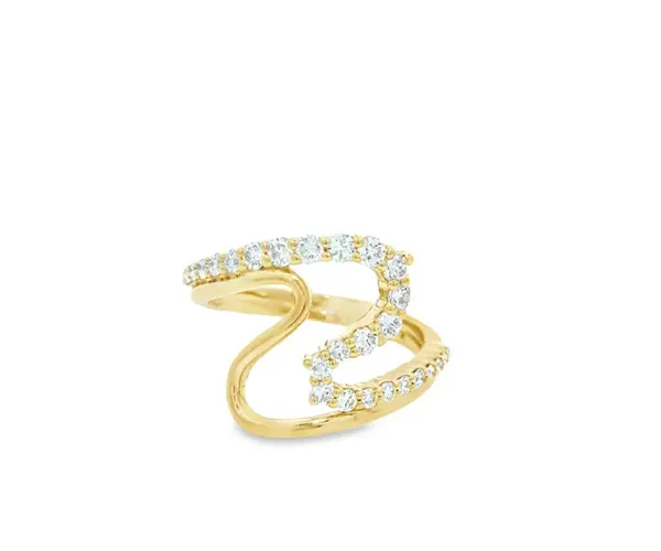 Gold curved ring adorned with multiple sparkling diamonds, available at Monarch Jewelry.