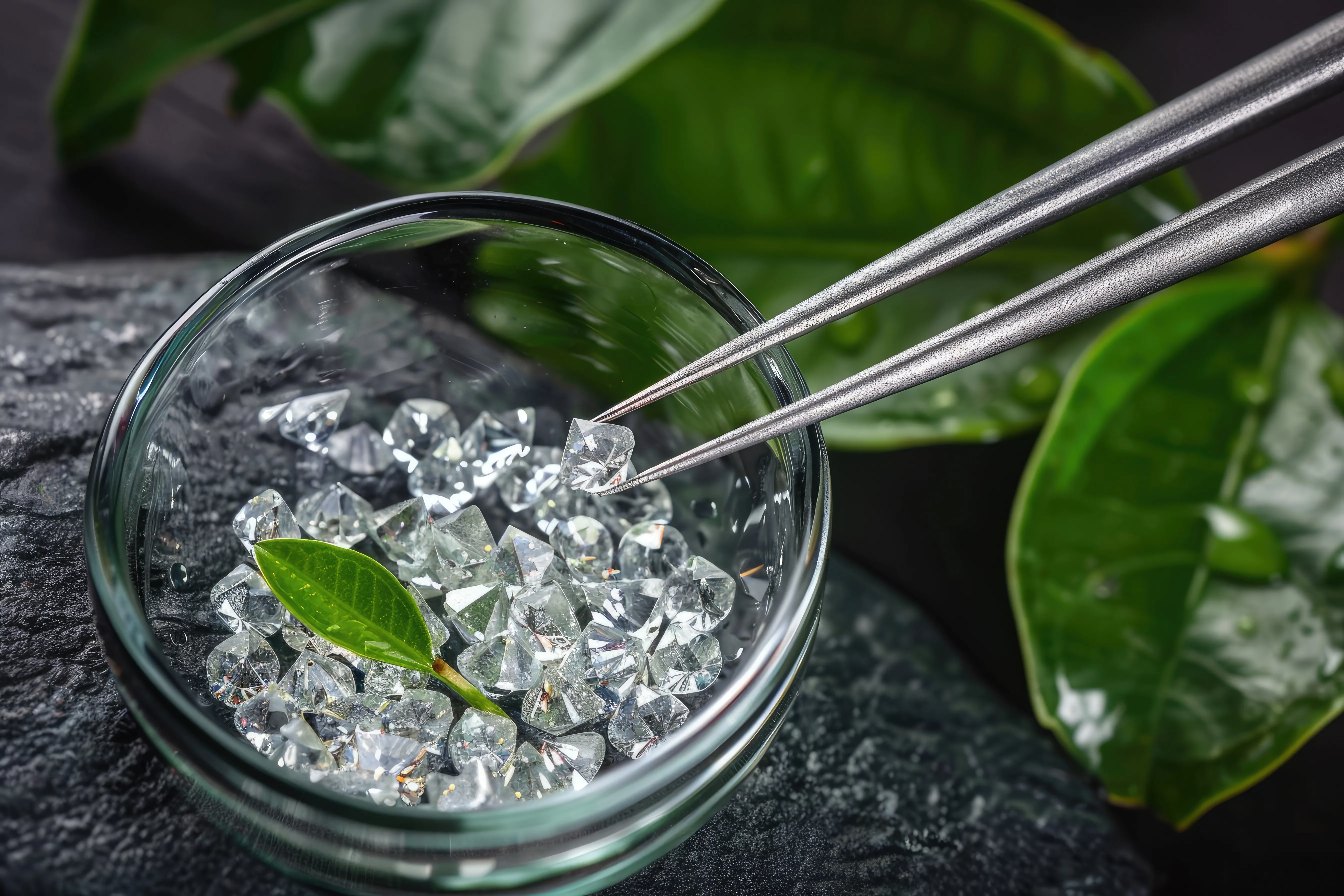 Lab-grown diamonds and a green leaf in a glass bowl, symbolizing ethical sourcing. Monarch Jewelry, Winter Park.