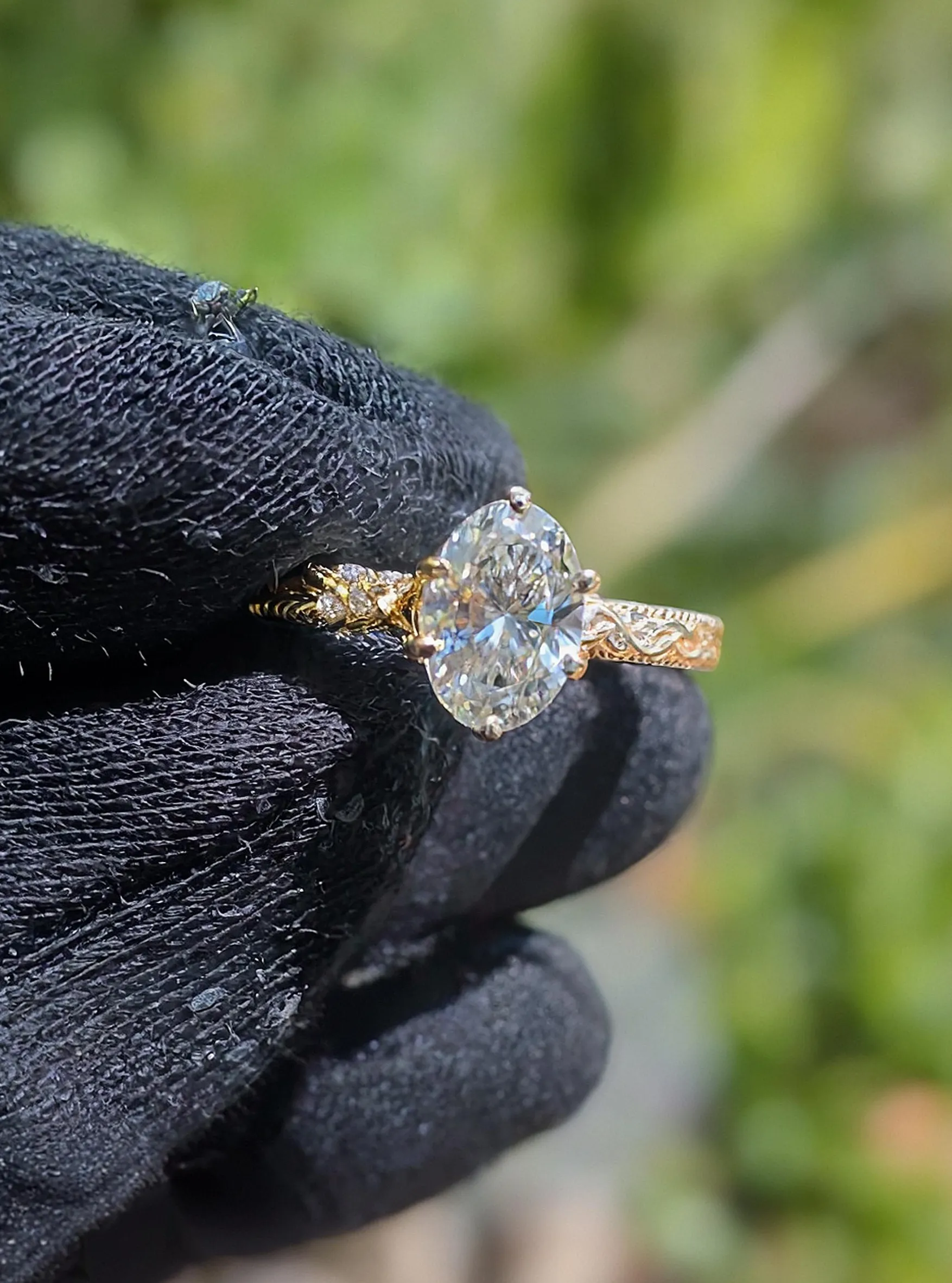 A hand in a black glove holds a stunning oval diamond engagement ring with a gold band, set against a blurred green background.