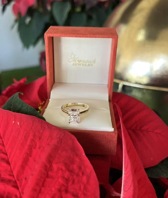 Engagement ring in a red box on festive red leaves, from Monarch Jewelry in Winter Park.