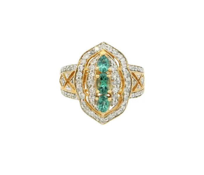 Elegant gold ring featuring three green gemstones surrounded by sparkling diamonds.