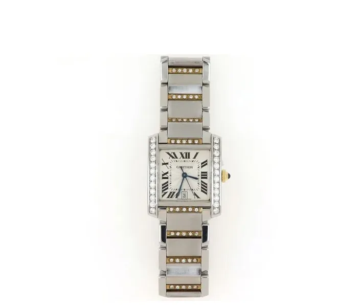 Elegant Cartier watch with diamond accents and a silver bracelet.