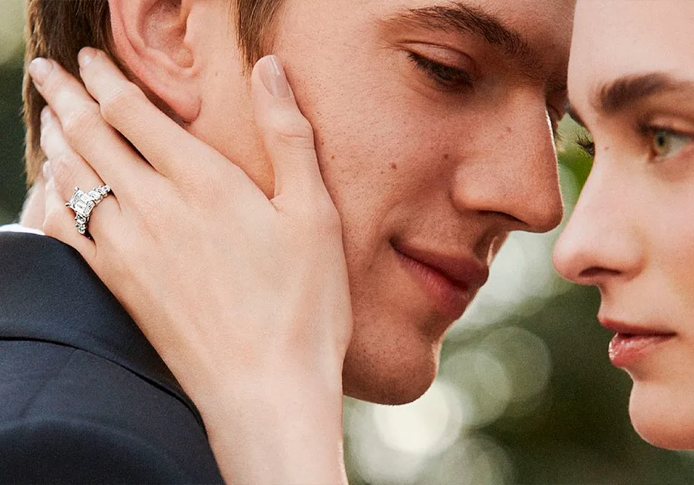 Lab grown diamond shown on couple embracing