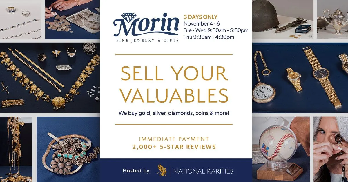 Turn your old jewelry into cold hard cash! Morin Jewelers is hosting a buying event. Sell your gold, silver, diamonds, and more