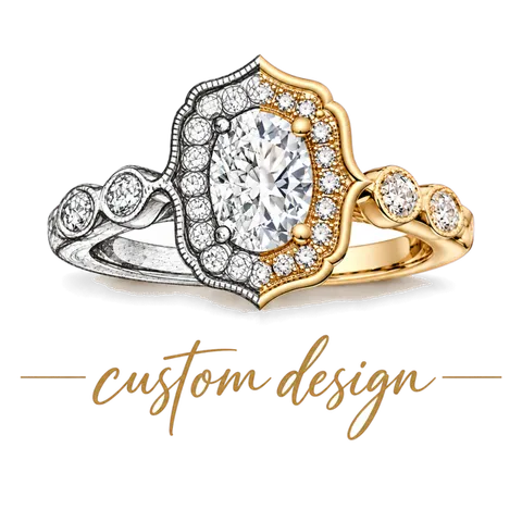 Morin Jewelers custom design — an engagement ring shown half as a hand sketch and half as the finished gold piece