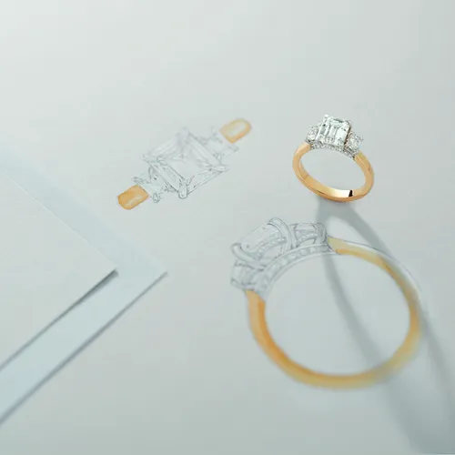 Custom ring made at Morin Jewelers on its design sketch