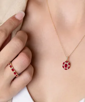 Ruby and diamond pendant with matching ring
