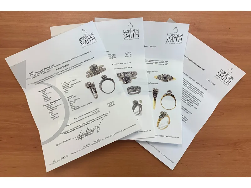 keep your paperwork up to date Whether you have your grandfather’s watch or a piece you recently purchased, we will be happy to provide documentation for you. Because the market conditions change year-to-year, we recommend that you have appraisals for your precious jewelry done every three years. Morrison Smith Jewelers Charlotte, NC