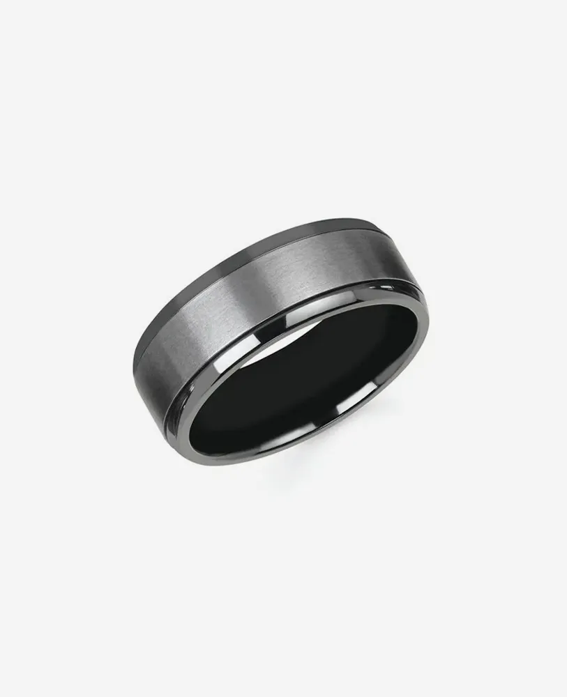 Men's black wedding band with a sleek design, displayed at Nelson Jewelry, Ltd. in Spencer.