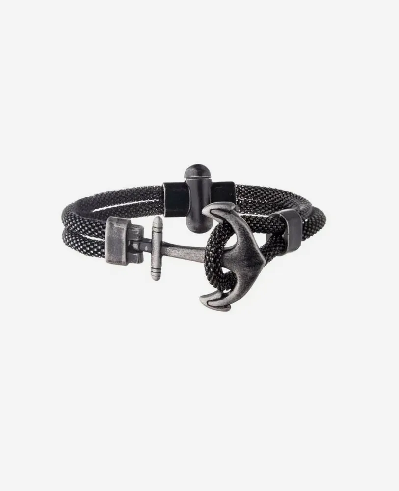 Black braided bracelet with anchor charm, stylish men's jewelry from Nelson Jewelry, Ltd. in Spencer.