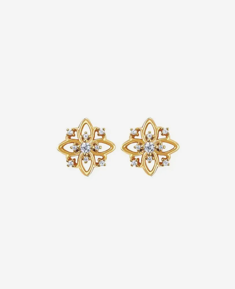 Gold floral stud earrings with sparkling stones, perfect for adding elegance to any outfit.