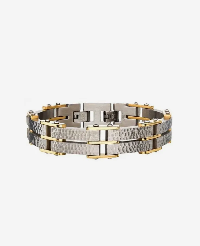 Stylish men's bracelet featuring a mix of silver and gold tones with a hammered texture.