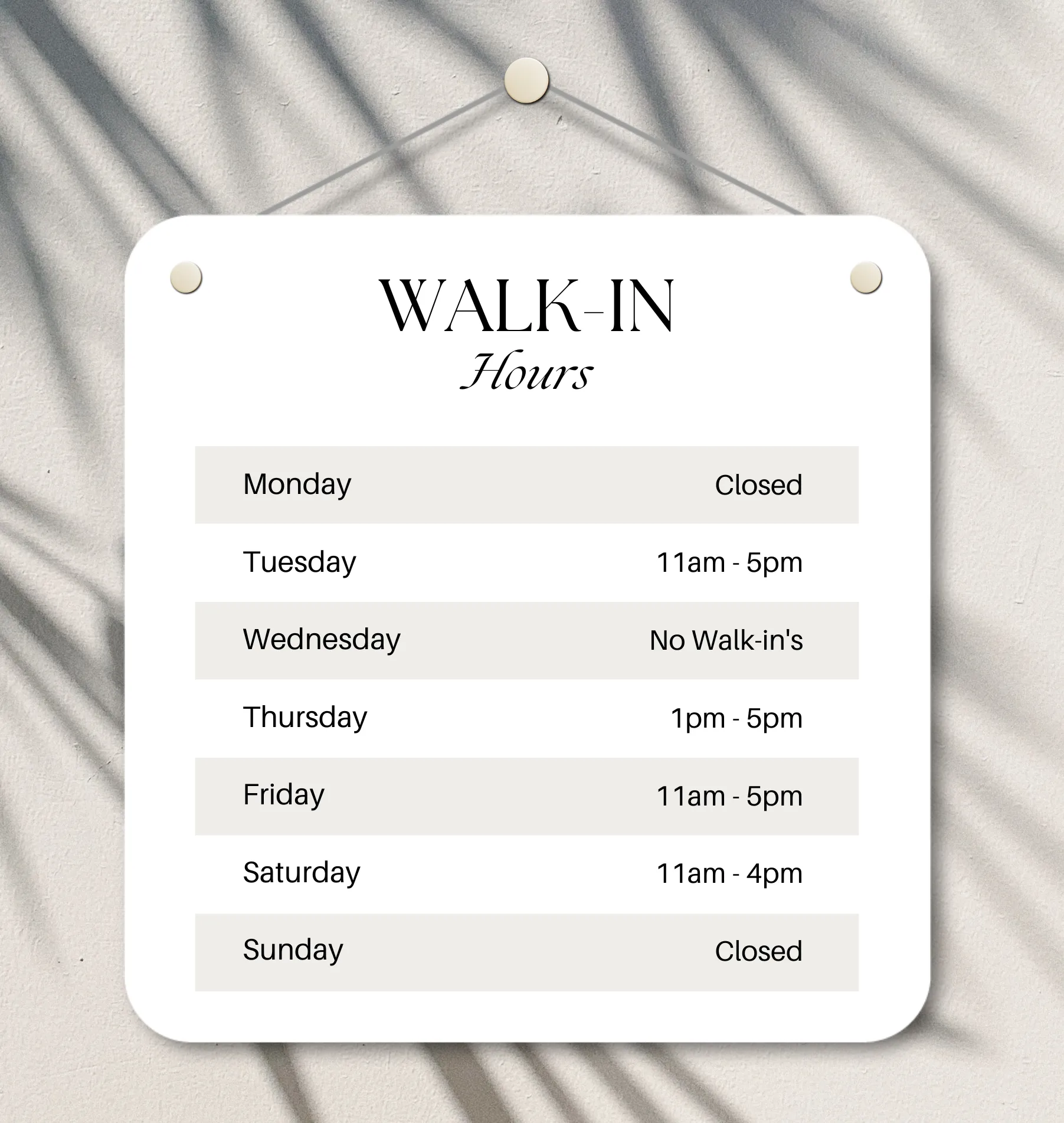 This image shows Orin Jeweler's Walk-In availability during regular store hours. Monday & Sunday Orin Jewelers is closed. Tuesda
