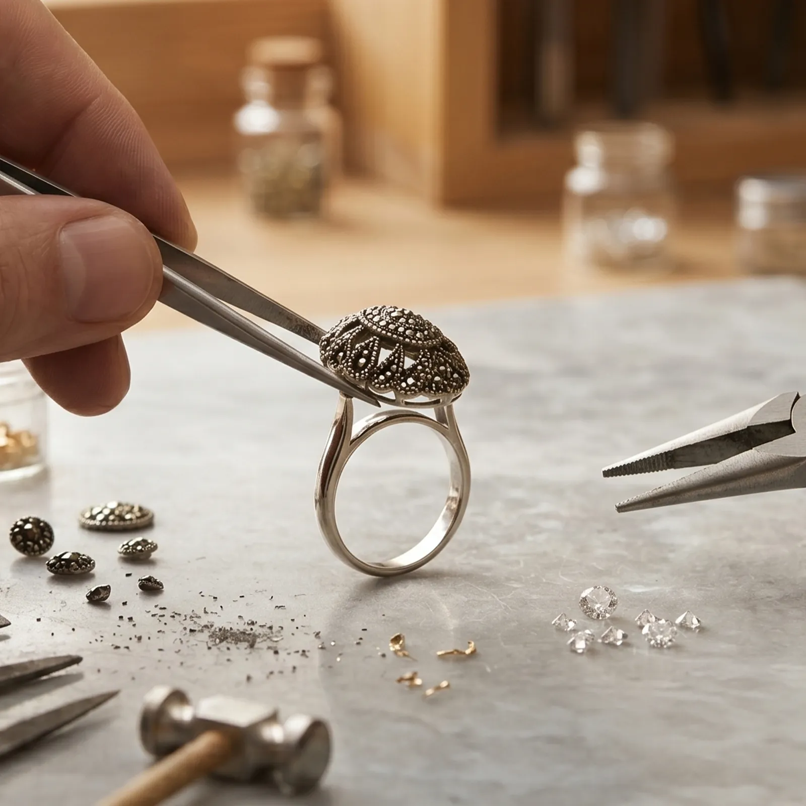 Jeweler using tools to craft a detailed ring with gemstones on a workbench. Learn More.