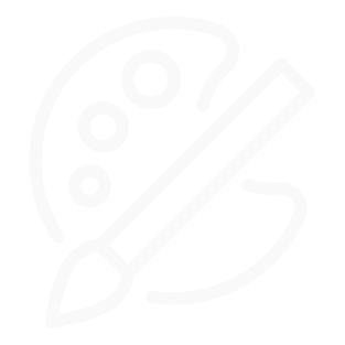 Outline of a paint palette and brush icon in white.
