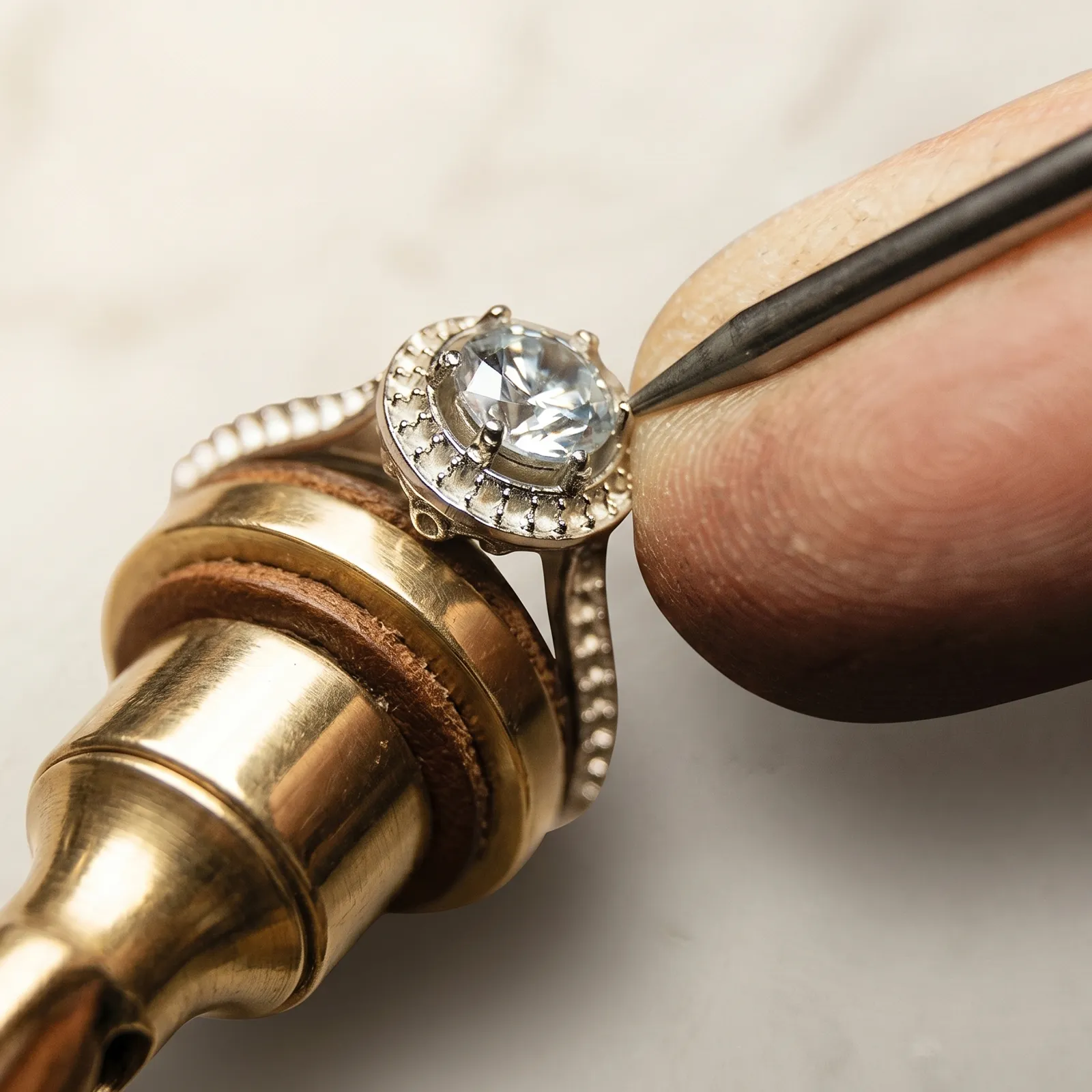 Jeweler in gloves inspecting a diamond ring with a tool. Learn more.