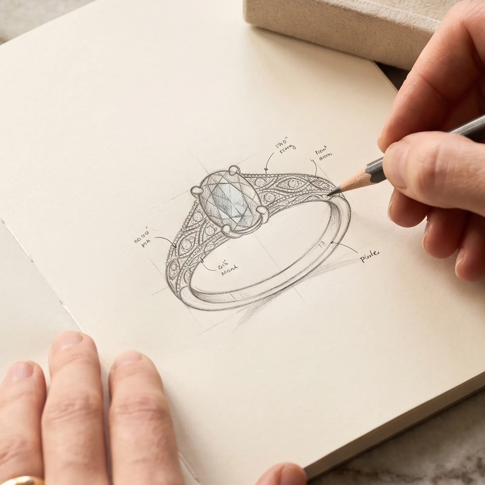 Sketch of an ornate ring design being drawn by hand. Learn more about custom jewelry design.