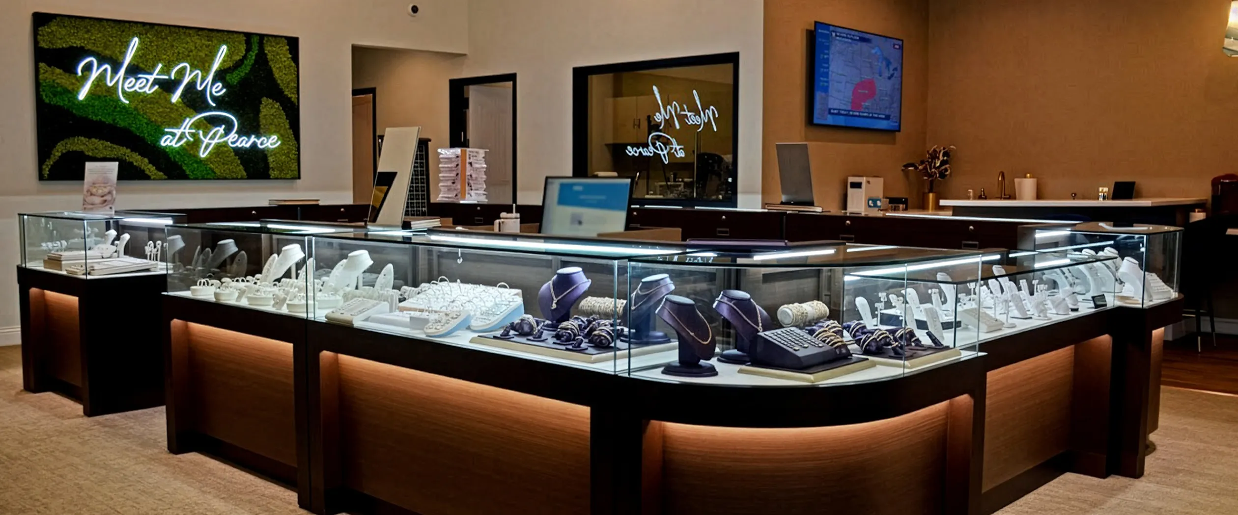 Jewelry store interior with display cases and a 