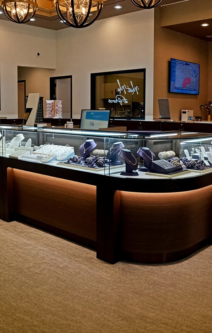 Jewelry store interior with display cases and a 