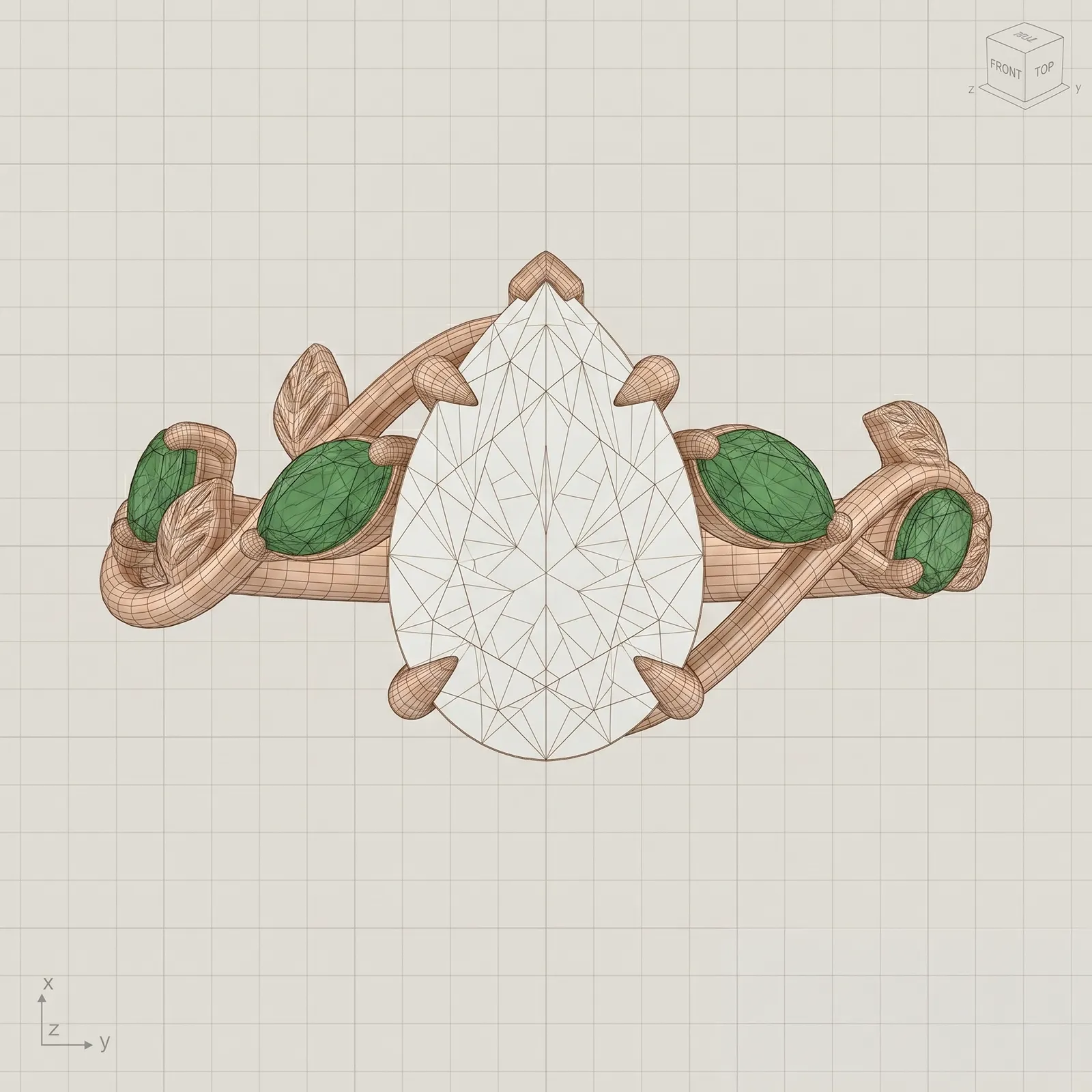 Custom engagement ring design with a large central stone and green accents. Start a Project at Pearce Jewelers.