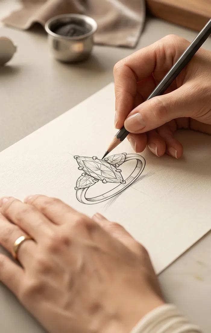 Sketch of a custom engagement ring design being drawn by hand. Design your ring at Pearce Jewelers.