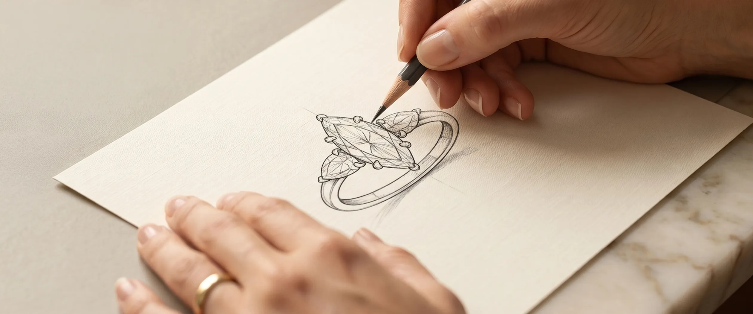 Sketch of a custom engagement ring design being drawn by hand. Design your ring at Pearce Jewelers.