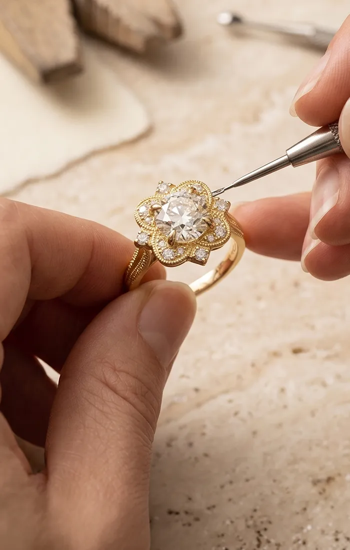 Jeweler working on a gold ring with a diamond using a tool. Learn more about heirloom restoration and redesign.